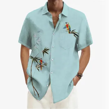 Vasaros Atsitiktinis Marškinėliai Vyrams Atvartas Trumpas Rankovės Havajų Marškinėliai Vasaros Paukščiai Spausdinti Tees Mados Kišenėje Negabaritinių Paprasta Viršūnes Naujas