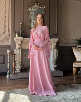 Derliaus O-Kaklo, Ilgomis Rankovėmis Prom Dresses Rožinė Satino Grindų Ilgis Plisuotos Oficialią Suknelės, Šaliai
