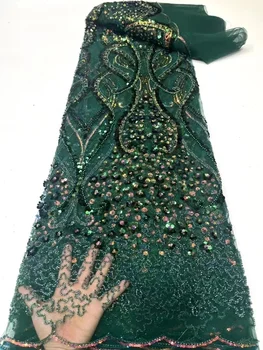 Afrikos Blizgančiais Puošnios Nėrinių Audinys, Žalia Aukštos Kokybės Nigerijos, Prancūzijos Tiulio Nėrinių Audinio 5 Metrų Vestuvių Suknelė Moterims Siuvimo