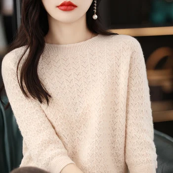 Pavasarį ir vasarą naujas 100% vilnos moteriški O-kaklo, trumpas rankovėmis megztinis marškinėliai hollow-out mezgimo plonas megztinis džemperis 6 spalvų