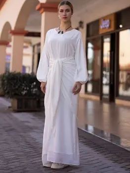 Pagal Abaja Satino Suknelę 2 dalių Komplektas Sluoksniuotos Rankovėmis vientisos Spalvos Islamo Drabužių Musulmonų Moterų Apdaras su Wrap Kaklaraištis Sijonas Dubajus Hijabi