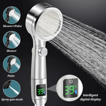 Dušo galvutė protingas temperatūros ekranas LED 4 režimas reguliuojamas aukšto slėgio vandens taupymo purškimo vonios kambario aksesuarai