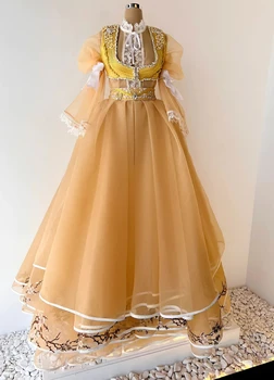 Chamagne Haute Couture Prom Dresses-line ilgomis Rankovėmis Tiulio Zawalcowany Saudo Arabija Dubajus Chalatas De Soiree vakarinę Suknelę Suknelė