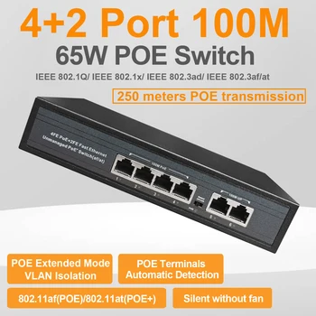 100 mbps 65W POE Tinklo Ethernet Switch Nevaldomas Hub 4 POE +2 RJ45 Uostų 802.3 Af Ne IP Kameros VAIZDO Bevielio AP