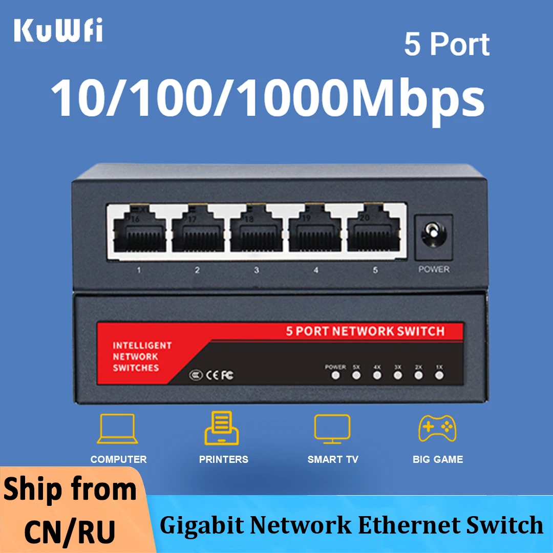KuWfi 5 Port 10/100/1000Mbps Gigabit Ethernet Tinklo Jungiklio Adapteris Greitai RJ45 Ethernet Switcher LAN Switching Hub - 0